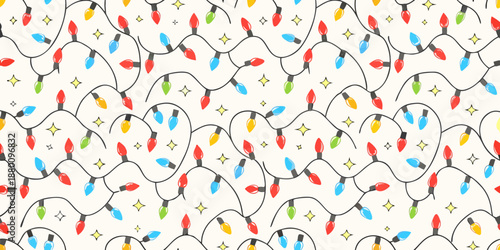 A charming pattern of colorful holiday lights on a bright white background