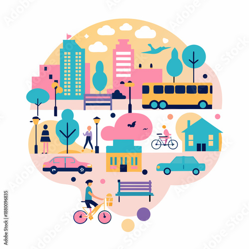 A vibrant city scene with various modes of transportation and daily life