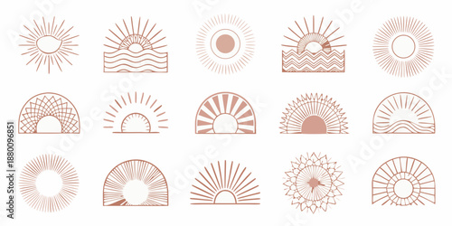 Collection of minimalist sun and wave line art illustrations in muted tones