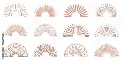 Collection of abstract arched sun or rainbow designs in a muted red tone