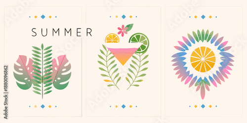 Colorful summer illustrations featuring tropical leaves citrus fruits and vibrant designs