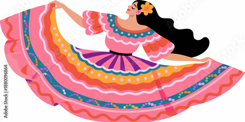 A vibrant illustration of a woman gracefully dancing in a colorful traditional dress