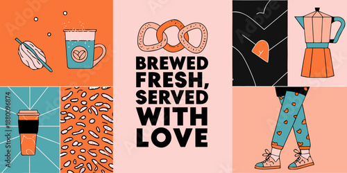 A colorful collage featuring coffee pretzels and a quirky illustrated design