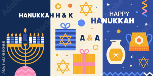 Festive hanukkah celebration with menorah gifts and traditional symbols displayed