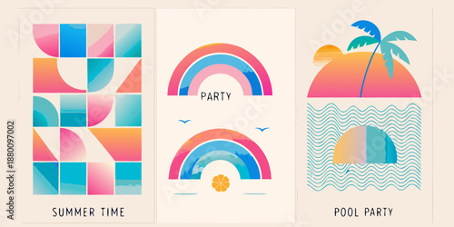 Abstract summer designs featuring rainbows palm trees and geometric shapes