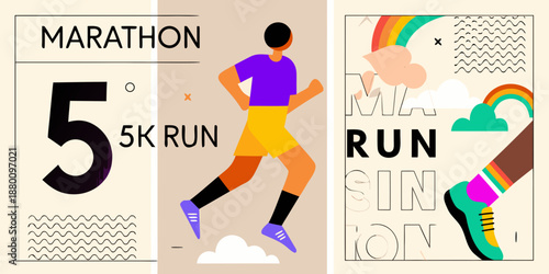 Colorful illustration depicting a runner and marathon 5k run event promotion