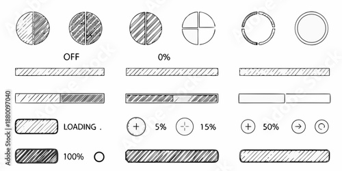 Visual representation of loading indicators and progress bars in various styles