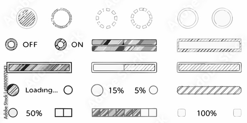Collection of various loading indicators progress bars and toggle switch designs