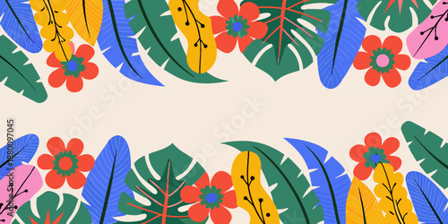 Bright tropical leaves and colorful flowers form a vibrant botanical border