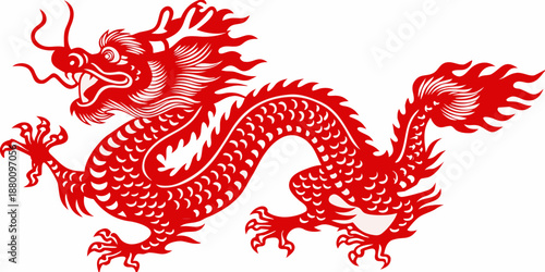 A striking red paper cut illustration of a traditional chinese dragon design