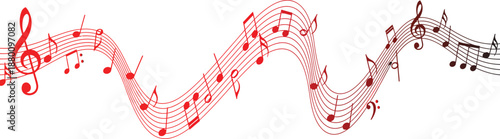 Dynamic flowing musical notation in vibrant red, creating an abstract representation of sound waves and artistic harmony