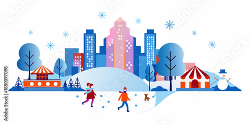 Winter cityscape illustration featuring people buildings and snowy landscape elements
