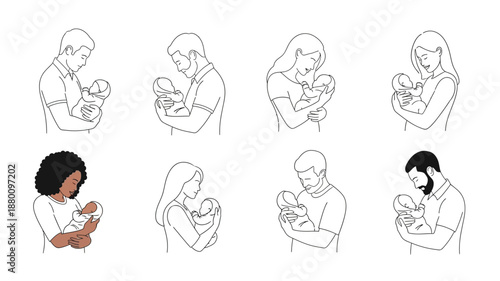 Illustrations of mothers breastfeeding their babies in different positions and ethnicities