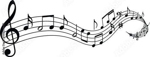 Abstract Wavy Music Staff with Treble Clef and Flowing Musical Notes Composition