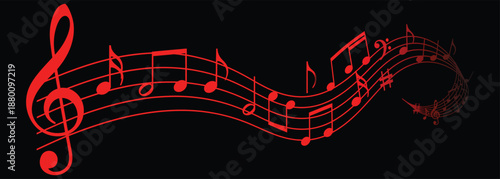Dynamic red musical notes flowing gracefully on a black background, symbolizing harmony and rhythm in artistic expression