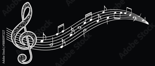 Decorative Musical Staff with Flowing Notes and Ornate Treble Clef Ornamentation, an elegant symbol of artistic harmony