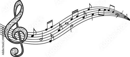 Artistic monochrome illustration of a musical staff, featuring an elegant treble clef and a harmonious flow of notes, embodying the concept of universal melody and artistic expression
