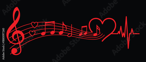 Vibrant red musical notes and a melodic heartbeat rhythm forming a symbolic representation of love and passion