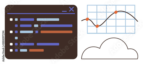 Data analytics, software engineering, cloud computing, digital workflows, performance tracking, innovation. A code interface and graph next to a cloud icon. Data analytics and software engineering