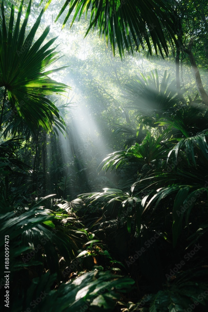 Naklejka premium Sunlight filtering through dense tropical jungle canopy with lush green foliage