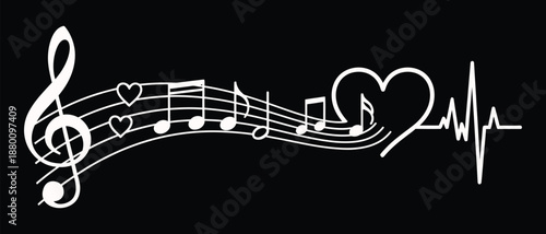 Harmonious graphical representation of music notes, a flowing treble clef, and a vibrant heartbeat line with hearts, depicting the profound rhythm of life and affection through sound