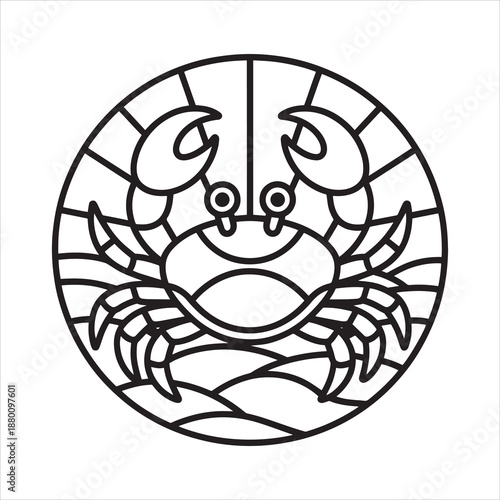 Geometric Crab Silhouette in Circular Stained Glass Mosaic Frame