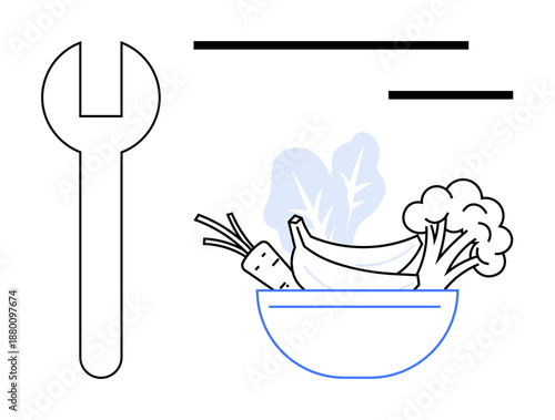 Healthy eating, sustainability, repair culture, nutrition, resource management, eco-living. A wrench beside a bowl of vegetables with leafy greens and broccoli. Healthy eating and sustainability
