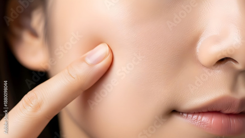 Close-up of Asian woman’s fingers pressing cheek, skin instantly bouncing back, showcasing plumpness, elasticity, and healthy youthful complexion in detailed focus.	