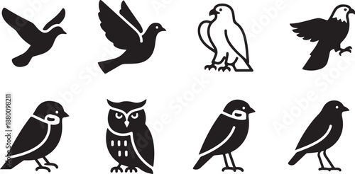 Collection of Diverse Bird Silhouettes in Black and White Icons