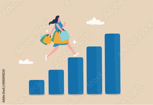 Customer lifetime value, calculation or key metric to analyze cost to acquire new customer, advertising or marketing cost concept, young customer woman with shopping bags walk on CLV graph and chart