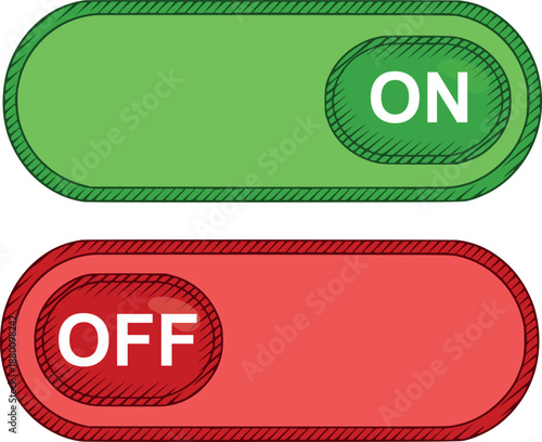 a pair of green and red toggle switch buttons for on and off states. hand-drawn sketch style with hatched shading