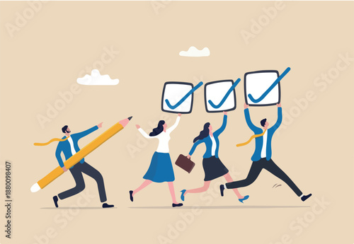 Checklist or checkmark for task completion, survey or questionnaire, finish work or accomplishment, get thing done or tick the checkbox concept, business people hold checklist and pencil to tick.