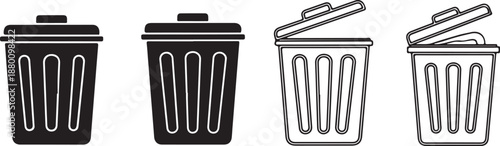 Four Trash Can Icons: Solid Black and Outline Styles with Open/Closed Lids