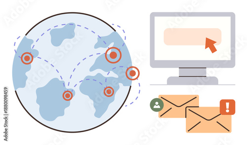 Cybersecurity, communication, data sharing, email security, global networks, technology. ion of a globe with nodes, a computer screen and emails with icons. Cybersecurity and communication concept