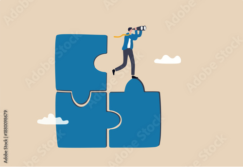 Finding solution or search for last missing piece to finish or complete work, leadership mission or business difficulty concept, businessman standing on uncompleted jigsaw looking for missing piece.