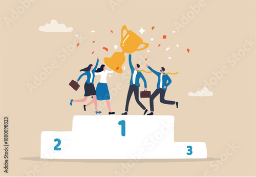 Team success win together, teamwork or collaboration to achieve goal together, group winner or team victory concept, businessman and businesswoman colleagues hold winning trophy on first place podium.
