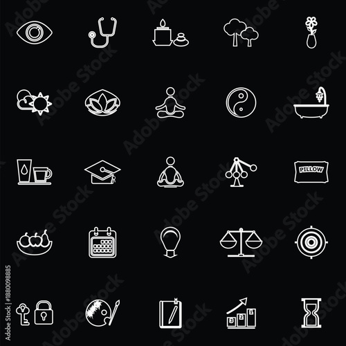 Meditation line icons on black background