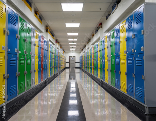 Deserted school corridor lined with vibrantly painted lockers, bathed in the glow of ceiling lights that highlight the gleaming floor. At the distant end, a solitary doorway comes into view.