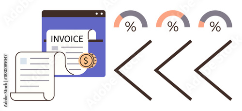 Billing, finance tracking, budgeting, business organization, expense management, analytics. Invoice with dollar icon and percentage gauges. Finance tracking and budgeting concept