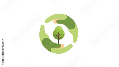 Illustration of hands cradling a green globe with a tree in the center on a white background.