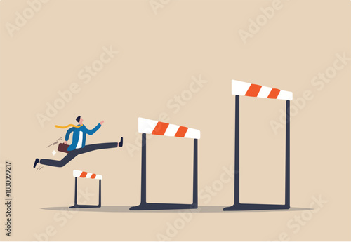 Business challenge, overcome difficulty or obstacle to achieve business success, effort, skill or aspiration to solve problem concept, ambitious businessman jump over hurdles to find higher obstacles.