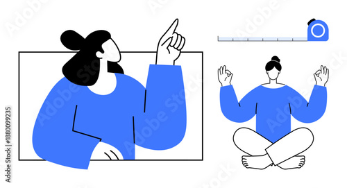Self-improvement, meditation, balance, mindfulness, measurement, relaxation. Minimalistic woman gesturing and sitting in a meditative pose with a tape measure. Self-improvement and mindfulness