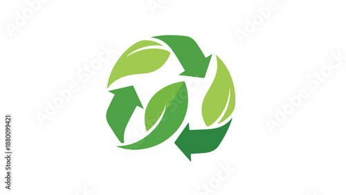 Green recycling symbol with arrows and leaves on a white background, conveying an eco-friendly mood.