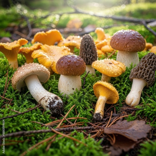 Wild Forest Mushrooms with Dew Drops on Moss in Morning Light