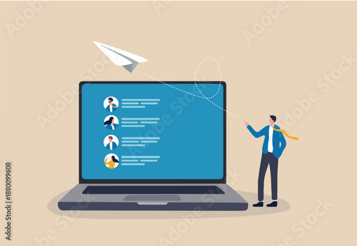 Mailing list to send email campaign, subscription email management software, sending promotion or communicate marketing message concept, businessman with mailing list computer laptop sending email.