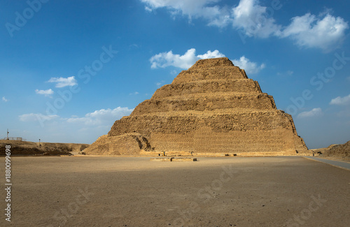 Horizontal view of the Step Pyramid of Djoser in Saqqara, Egypt, the oldest large-scale stone structure in the world, symbol of ancient Egyptian architecture and history