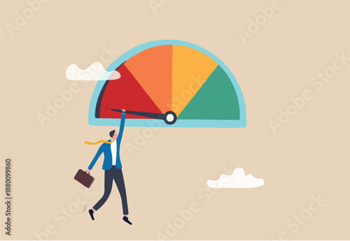 Poor performance employee, bad rating evaluation, credit score, assessment, performance review, failure worker or credit score concept, sweat frustrated businessman hold tight on performance gauge. 