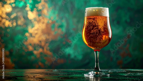 Refreshing Glass of Cold Craft Beer with Frothy Head on a Textured Green Background