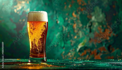 Refreshing Glass of Cold Craft Beer with Frothy Head on a Textured Green Background