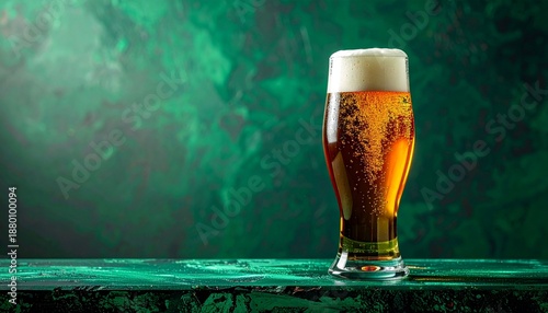 Refreshing Glass of Cold Craft Beer with Frothy Head on a Textured Green Background